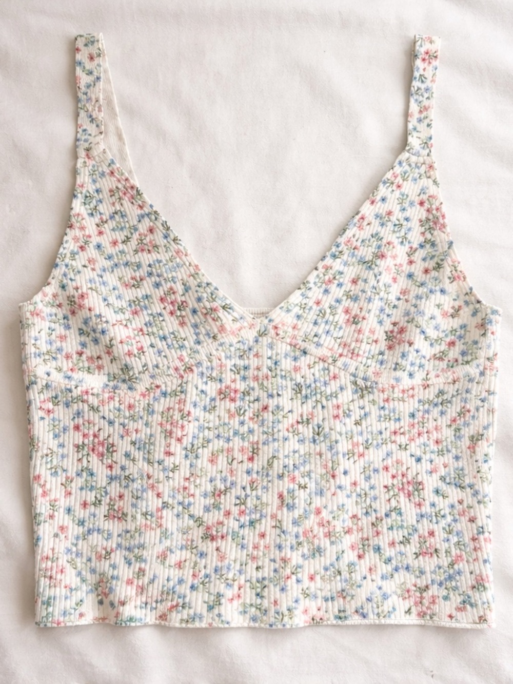Zara Pink blue floral  ribbed v neck Crop Top shirt tank women’s medium